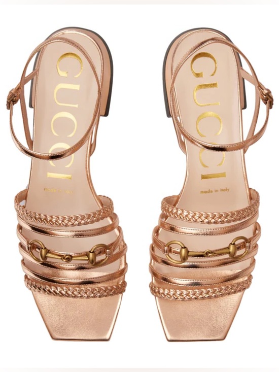 Gucci Shoes - Gucci Metallic Rose Gold Nappa Braided Horsebit Ketty Block Heel Sandals (38)